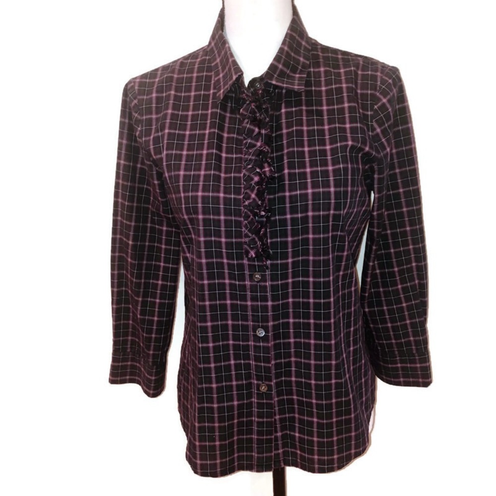 Theory Ruffle Button Up Shirt | Size Large - Picture 2 of 10